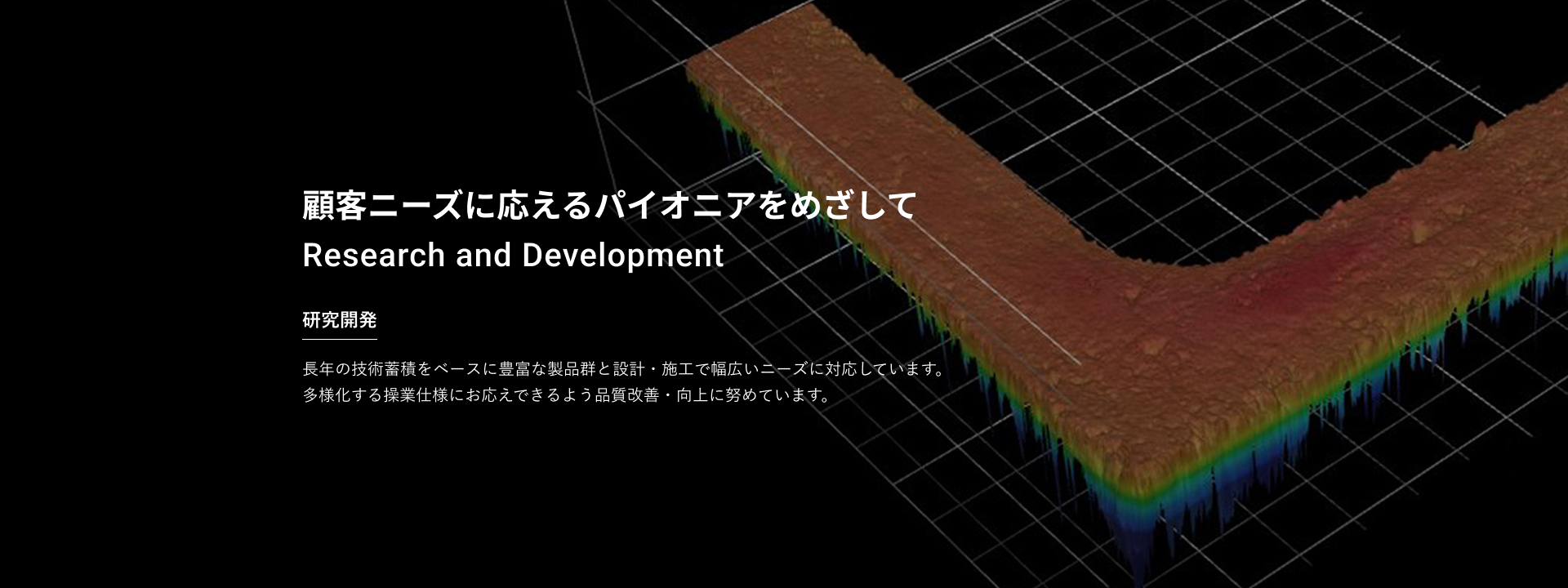 顧客ニーズに応えるパイオニアをめざして　研究開発　長年の技術蓄積をベースに豊富な製品群と設計・施工で幅広いニーズに対応しています。　多様化する操業仕様にお応えできるよう品質改善・向上に努めています。